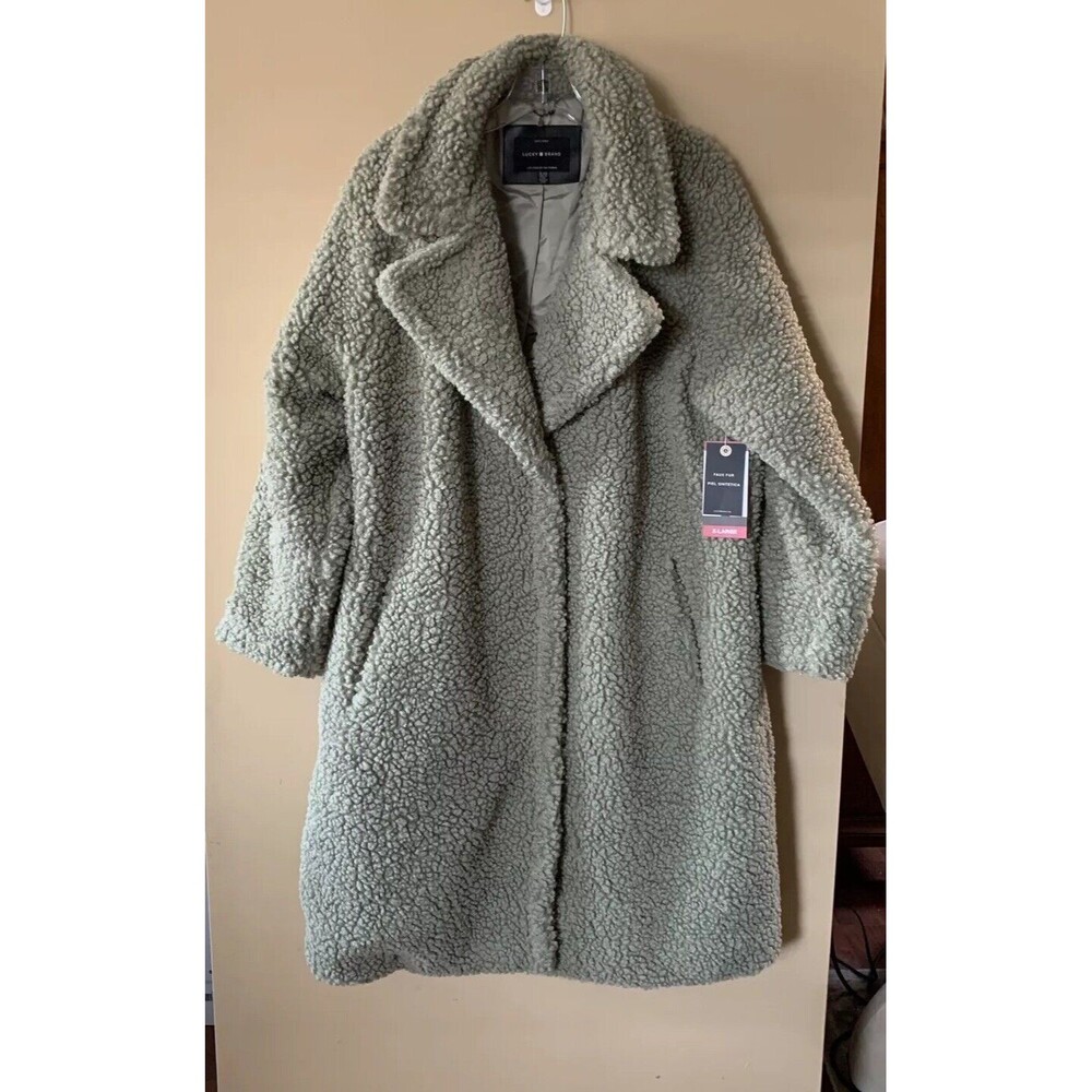 NWT Lucky Brand Women's Faux Fur Coat Green Size XL Sherpa Teddy Button Up
